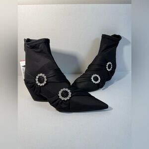 NEW ZARA Black Nylon Pointed Sock Booties Rhinestone Buckle Sz 36
